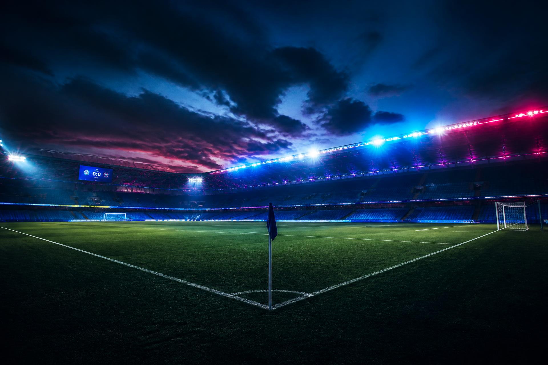 Modern sports stadium at dusk under cinematic floodlights